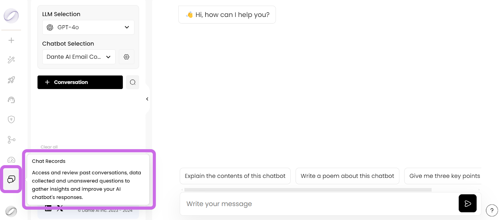 Chat Records tab in the Dante AI dashboard