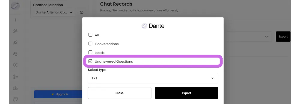 Export filter set to Unanswered Questions with TXT or CSV file type