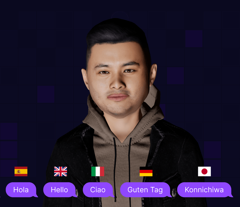 Illustration of an AI avatar communicating in multiple languages