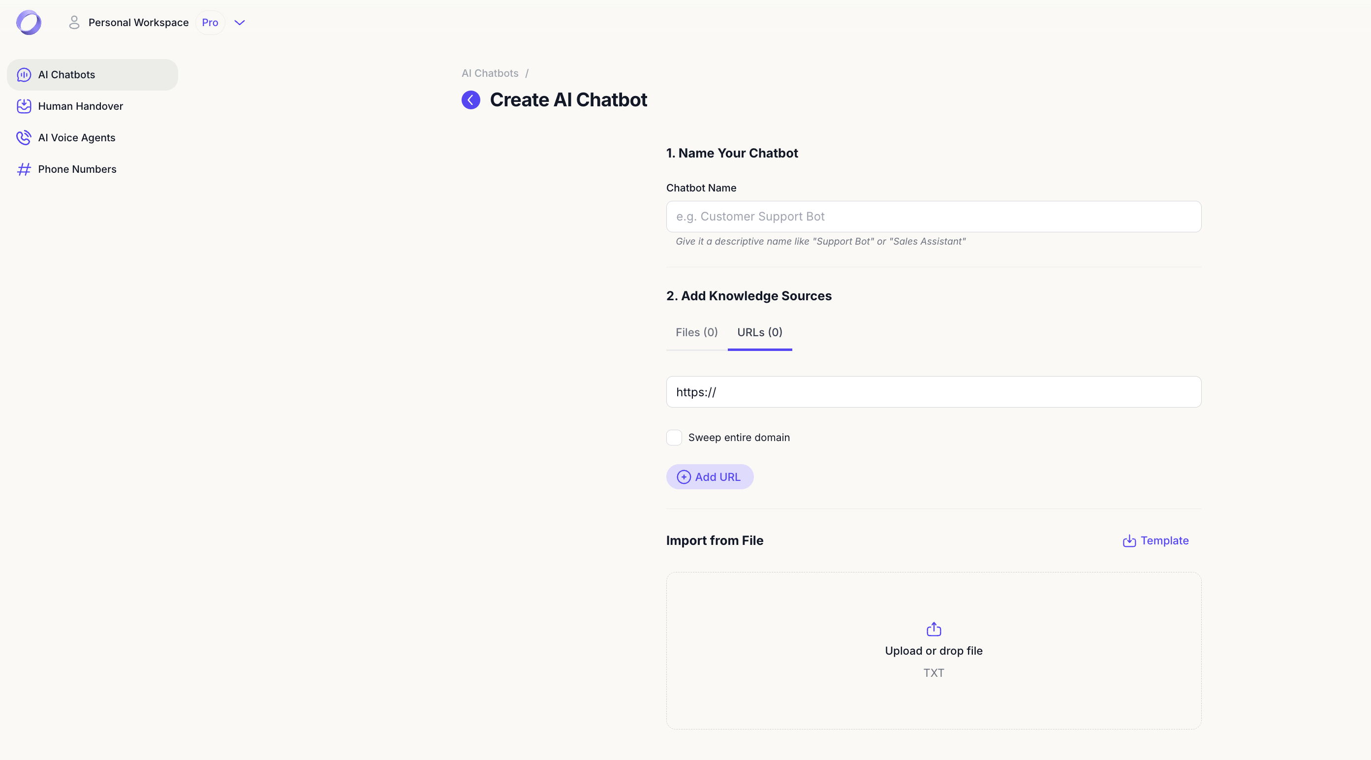 Naming a new AI agent and adding website URLs and files as knowledge sources in Dante AI