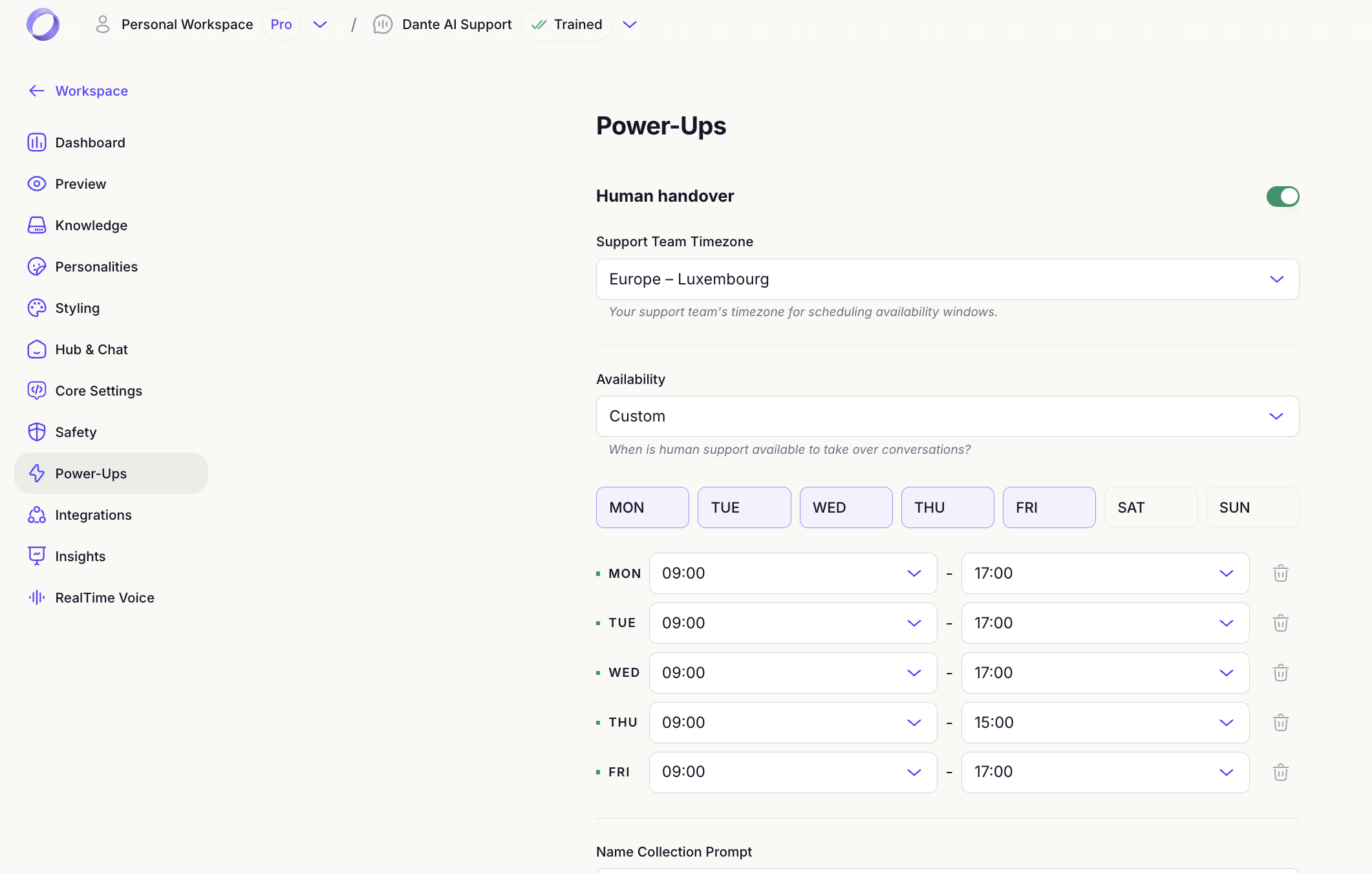 Human handover settings and availability windows in the Dante AI dashboard